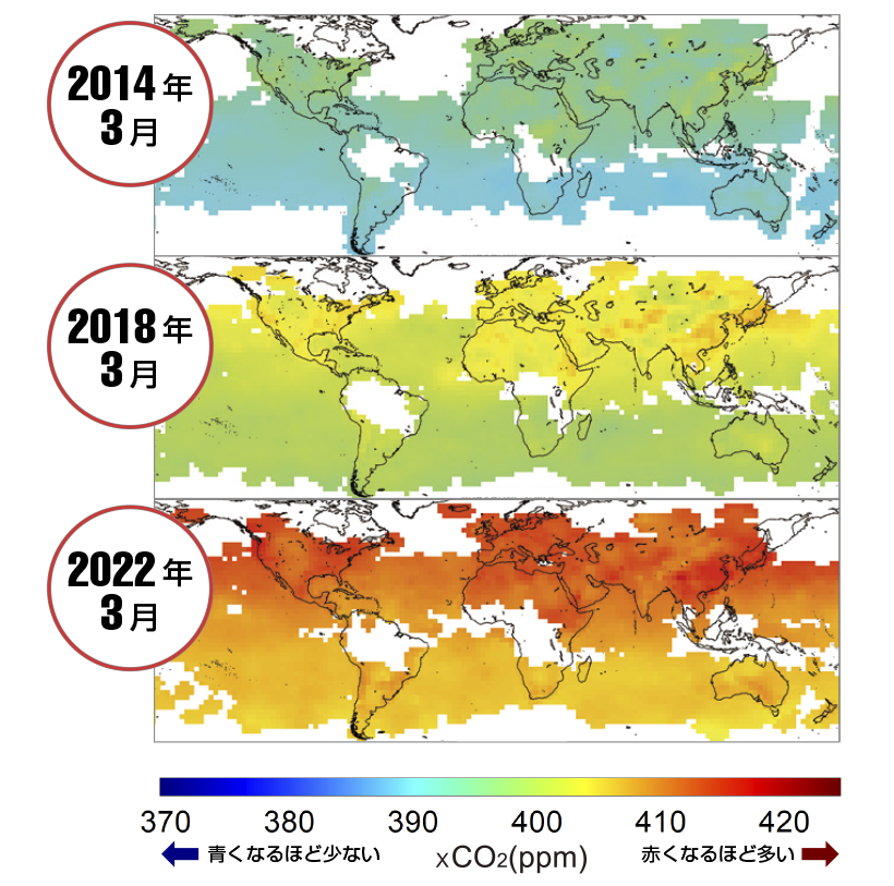温室効果ガス観測技術衛星「いぶき」が観測した世界のCO2濃度の解説図